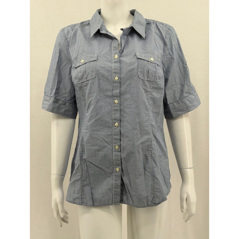 American Eagle Top Womens 18 Blue Striped Button Up Short Sleeve Casual Preppy